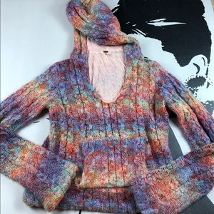 Free People Peach Cable Hoodie Plunge Neck Medium